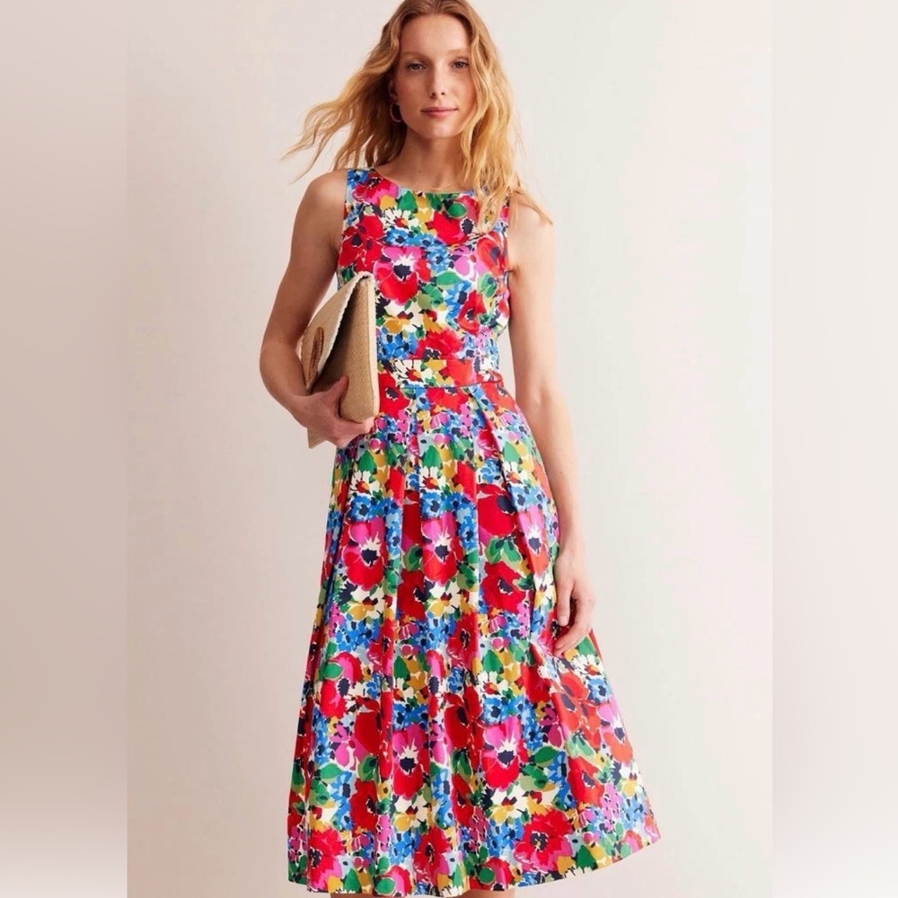 Boden Floral Midi Dress in Red, Pink, Blue, Green